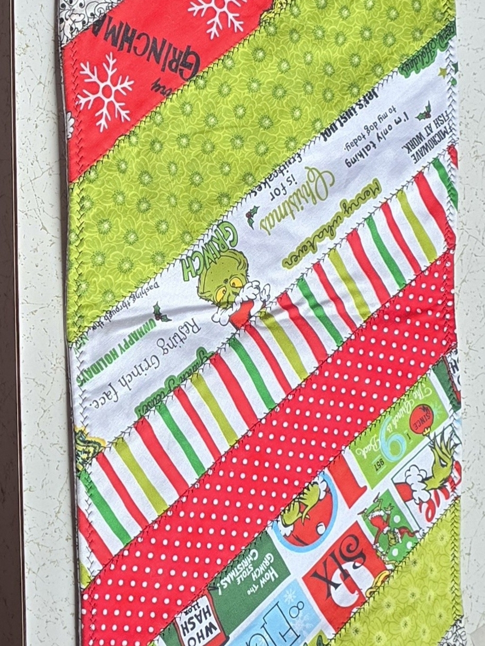 Grinch Holiday Patchwork Runner - Red, Green, White. Newfoundland Handmade.